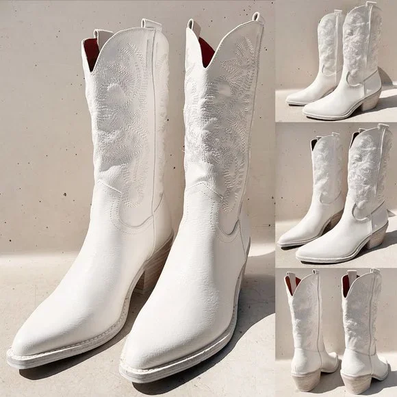 NEW White Cowboy Western Embroidered Stitch Pointy Toe Block Heel Mid Calf Boots - Picture 13 of 13